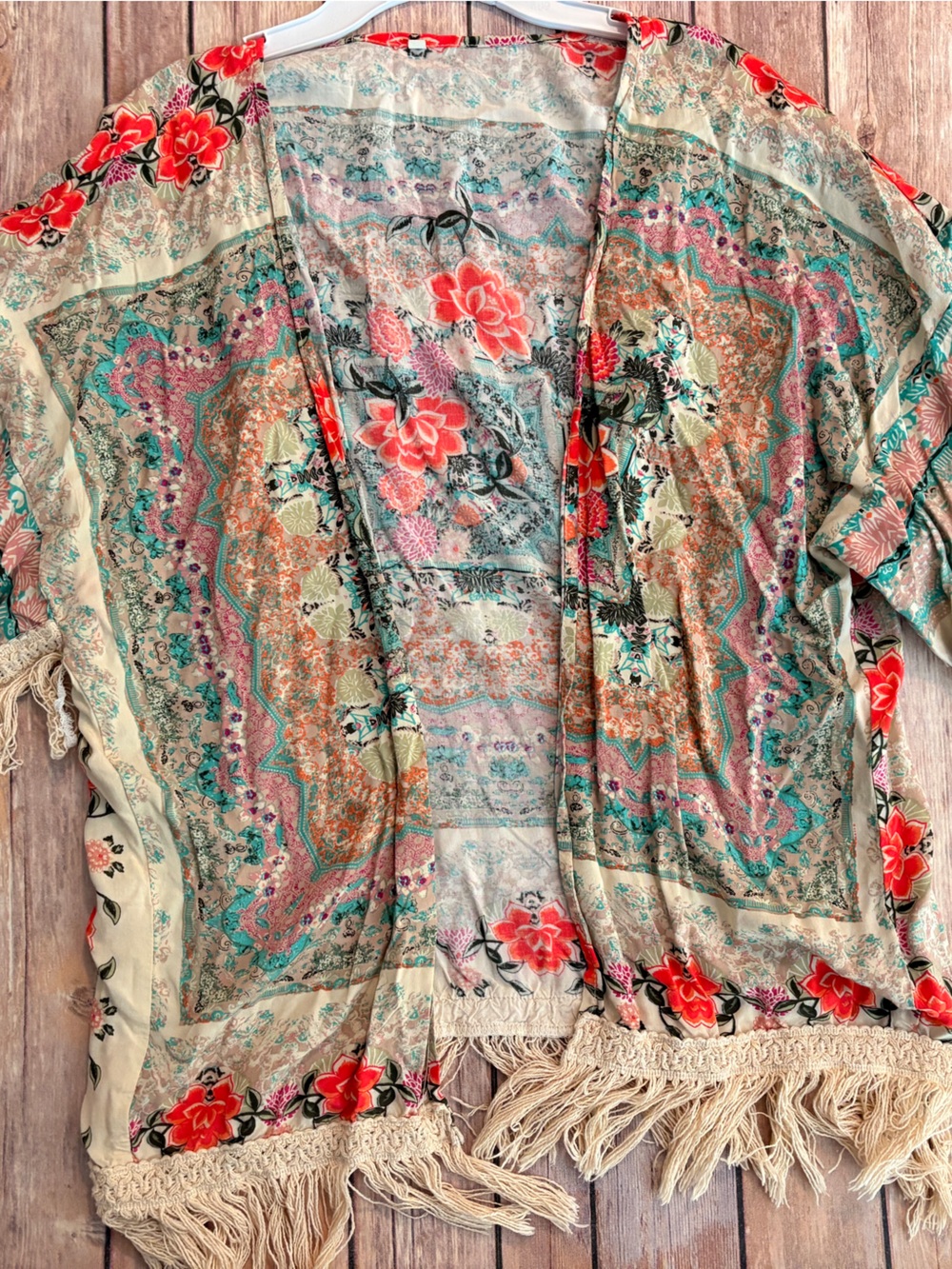 Floral Boho Square Scarf like kimono in Coral & Teal